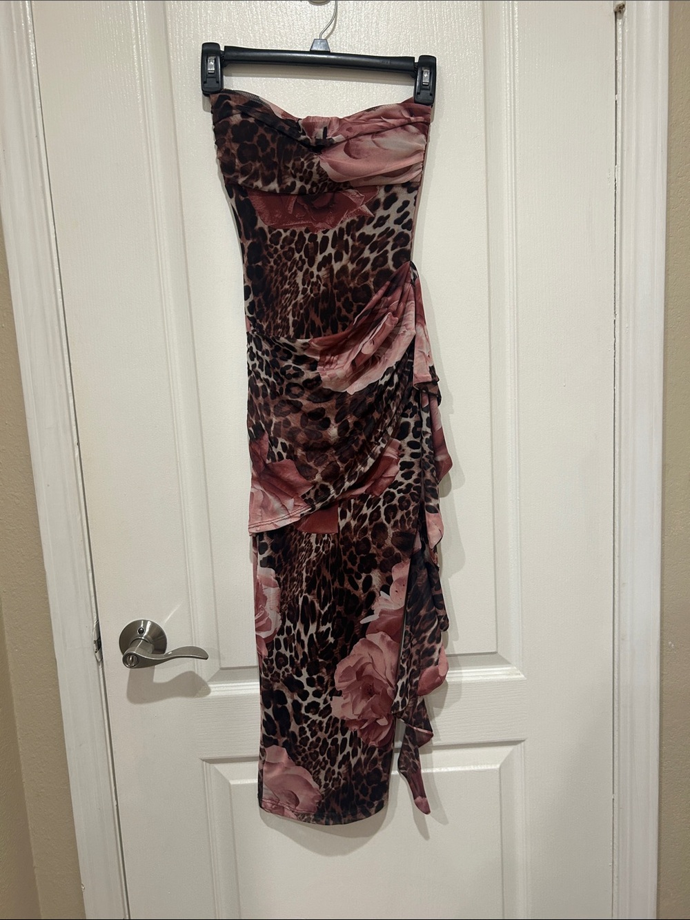Windsor Strapless Floral & Leopard Midi Dress in Pink and Brown